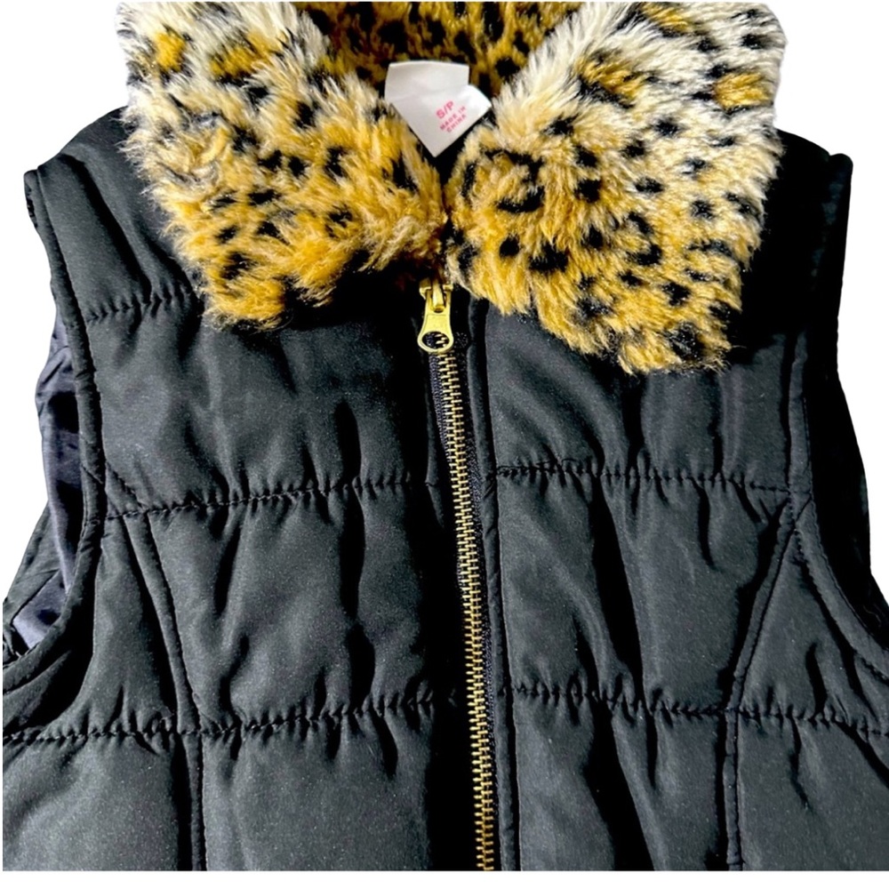 CIRCO PUFFER VEST Black Sleeveless Jacket Brown Animal Print Collar Girls SZ S